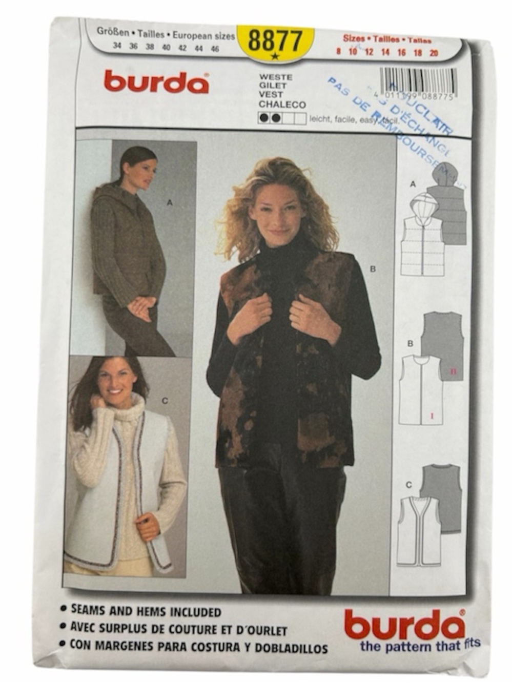 🧵 2 for 22$ 🧵 Burda Misses' Vest W/ Variations Sewing Pattern 8877